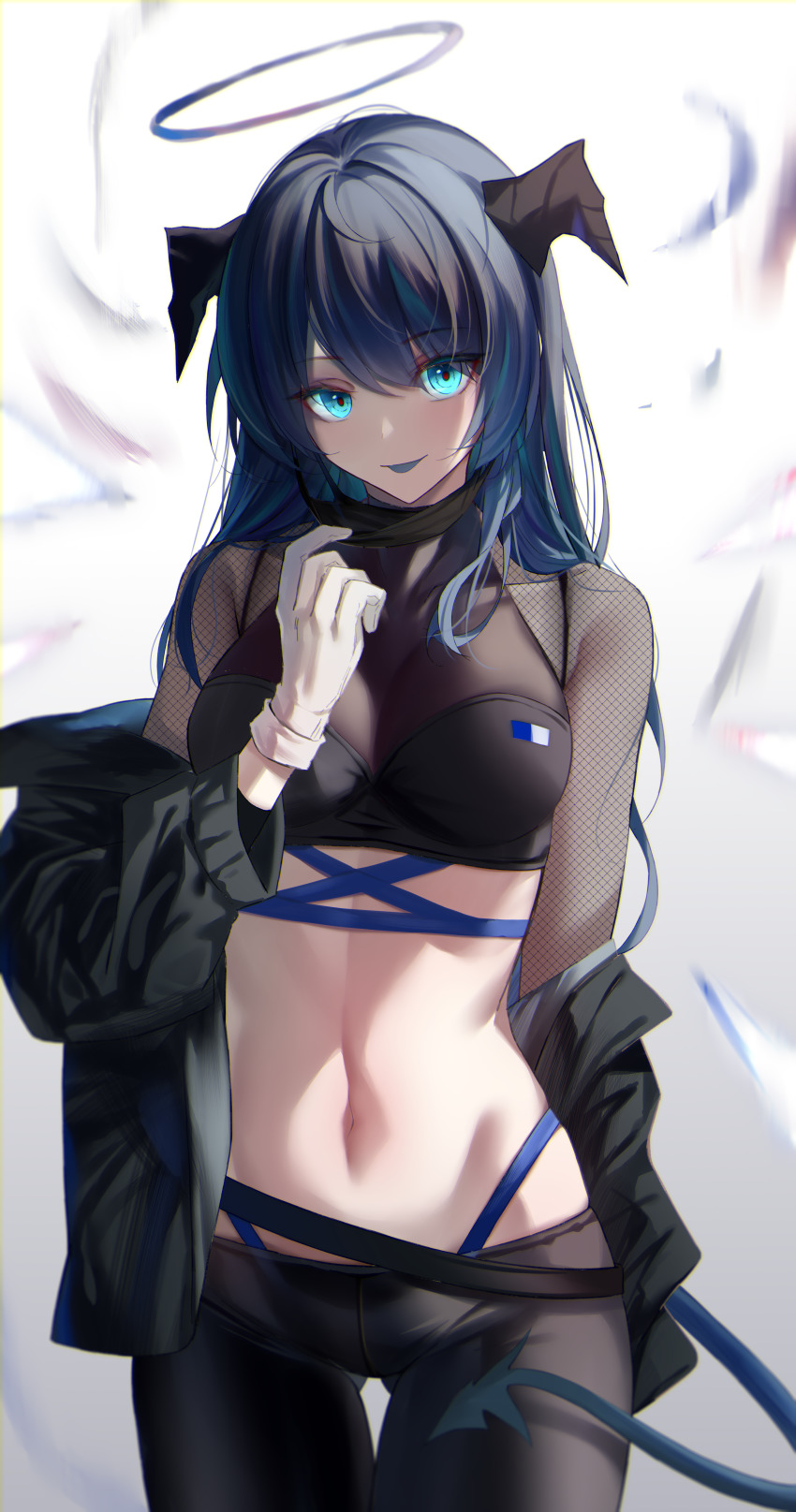 1girl, absurdres, arknights, arm_behind_back, black_jacket, black_pants, black_tank_top, blue_eyes