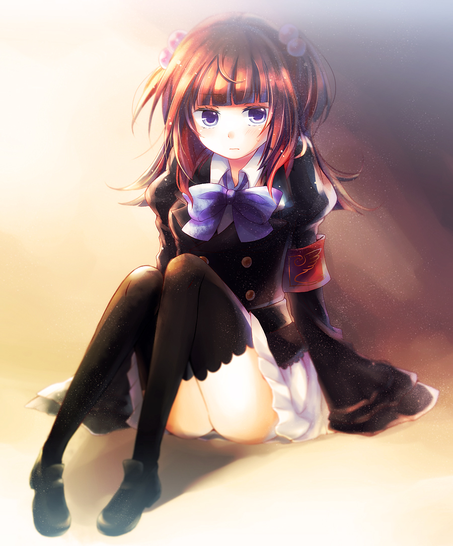 00s, 1girl, armband, belt, blue_eyes, blush, bow, bowtie, female_focus, hair_bobbles, hair_ornament, legs, long_hair, long_sleeves, melt_(artist), red_hair, sitting, skirt, solo, thighhighs, twintails, two_side_up, umineko_no_naku_koro_ni, ushiromiya_ange, vienri