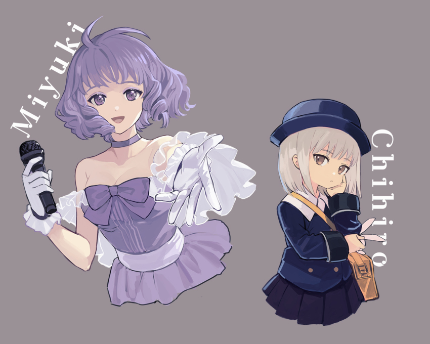 2girls, bag, bare_shoulders, bow, breasts, brown_eyes, cezaria, character_name