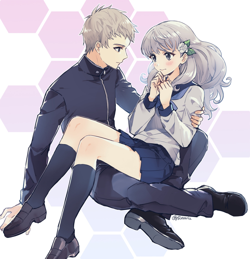 1boy, 1girl, blue_neckerchief, blush, cezaria, couple, embarrassed, expressionless, eye_contact, flower, fuyusaka_iori, gakuran, grey_eyes, grey_hair, hair_flower, hair_ornament, highres, juusan_kihei_bouei_ken, kneehighs, loafers, long_hair, looking_at_another, neckerchief, own_hands_together, pleated_skirt, sailor_collar, school_uniform, sekigahara_ei, serafuku, shoes, sitting, sitting_on_lap, sitting_on_person, skirt, socks, wavy_mouth