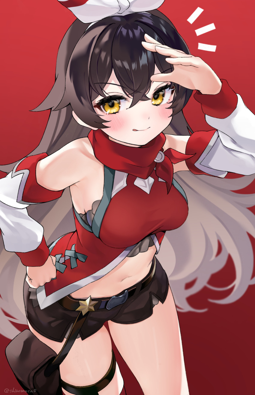 1girl, :q, alternate_costume, amber_(genshin_impact), amber_(ludi_harpastum)_(genshin_impact), belt, black_belt, black_shorts