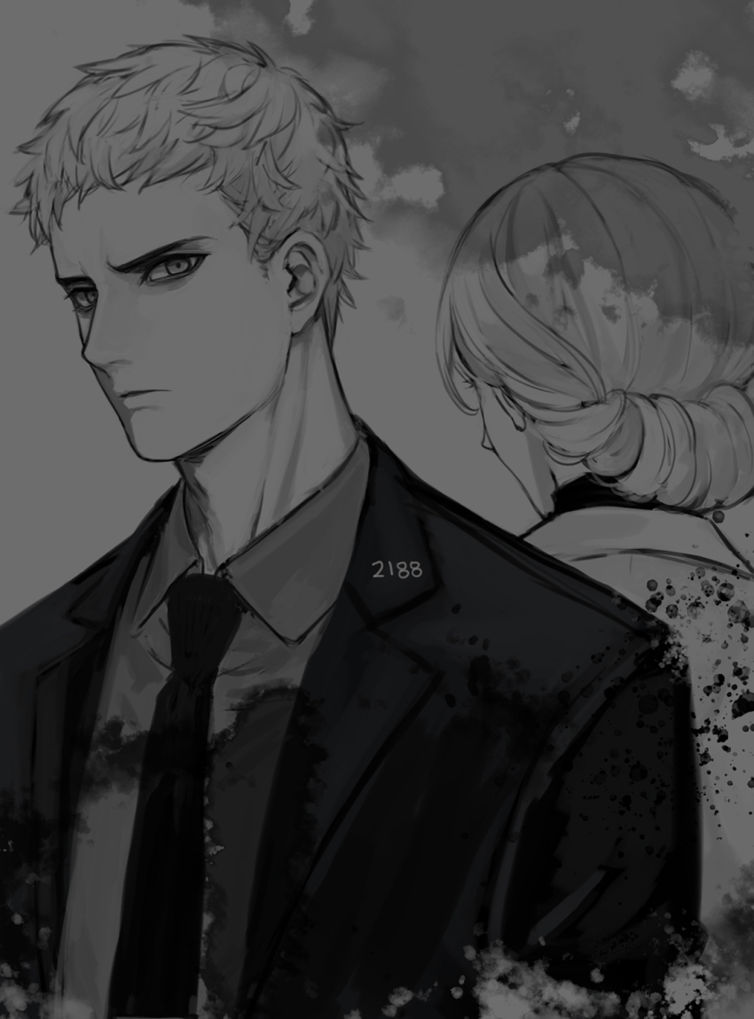 1boy, 1girl, back-to-back, braid, cezaria, collared_shirt, formal_clothes, grey_theme, greyscale, highres, juusan_kihei_bouei_ken, lab_coat, looking_at_viewer, monochrome, morimura_chihiro_(2188), necktie, parted_lips, sekigahara_ei_(2188), shirt, short_hair, spoilers, suit, upper_body