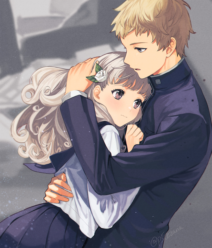 1boy, 1girl, arm_around_another's_waist, blush, cezaria, couple, flower, fuyusaka_iori