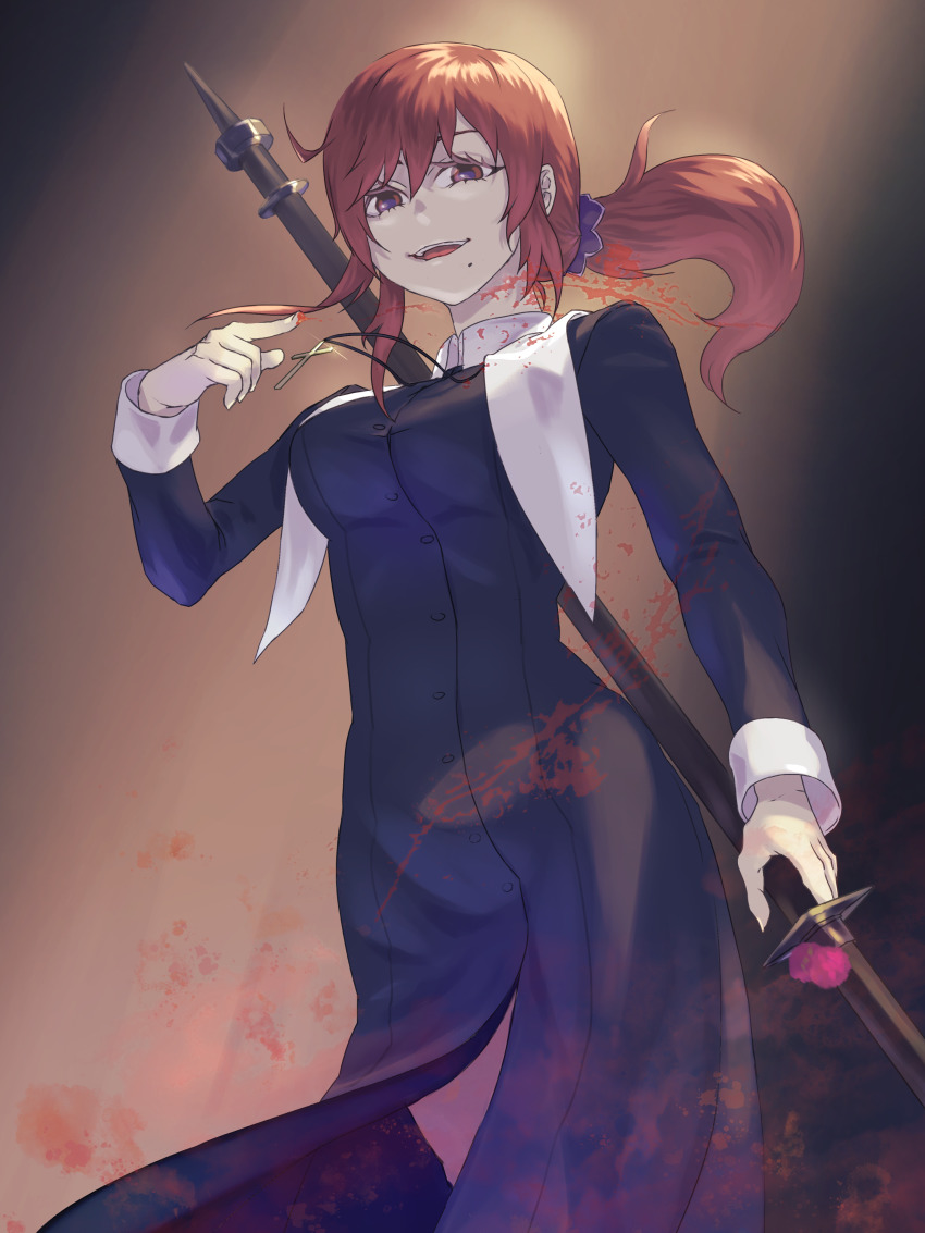 1girl, :d, absurdres, blood, blood_on_hands, blood_splatter, blue_dress, breasts, brown_background, brown_eyes, brown_hair, commentary, cross, cross_necklace, dress, dutch_angle, evil_smile, eyebrows_hidden_by_hair, eyelashes, feet_out_of_frame, from_below, hair_ornament, hair_scrunchie, highres, holding, holding_polearm, holding_weapon, jewelry, long_dress, long_hair, long_sleeves, looking_at_viewer, looking_down, low_ponytail, medium_breasts, mole, mole_under_eye, necklace, noel_(tsukihime), nun, okitsune_(kitsunegako), open_mouth, polearm, pom_pom_(clothes), ponytail, scrunchie, sidelocks, sleeve_cuffs, slit_throat_(gesture), smile, solo, standing, swept_bangs, teeth, tsukihime, tsukihime_(remake), upper_teeth_only, weapon