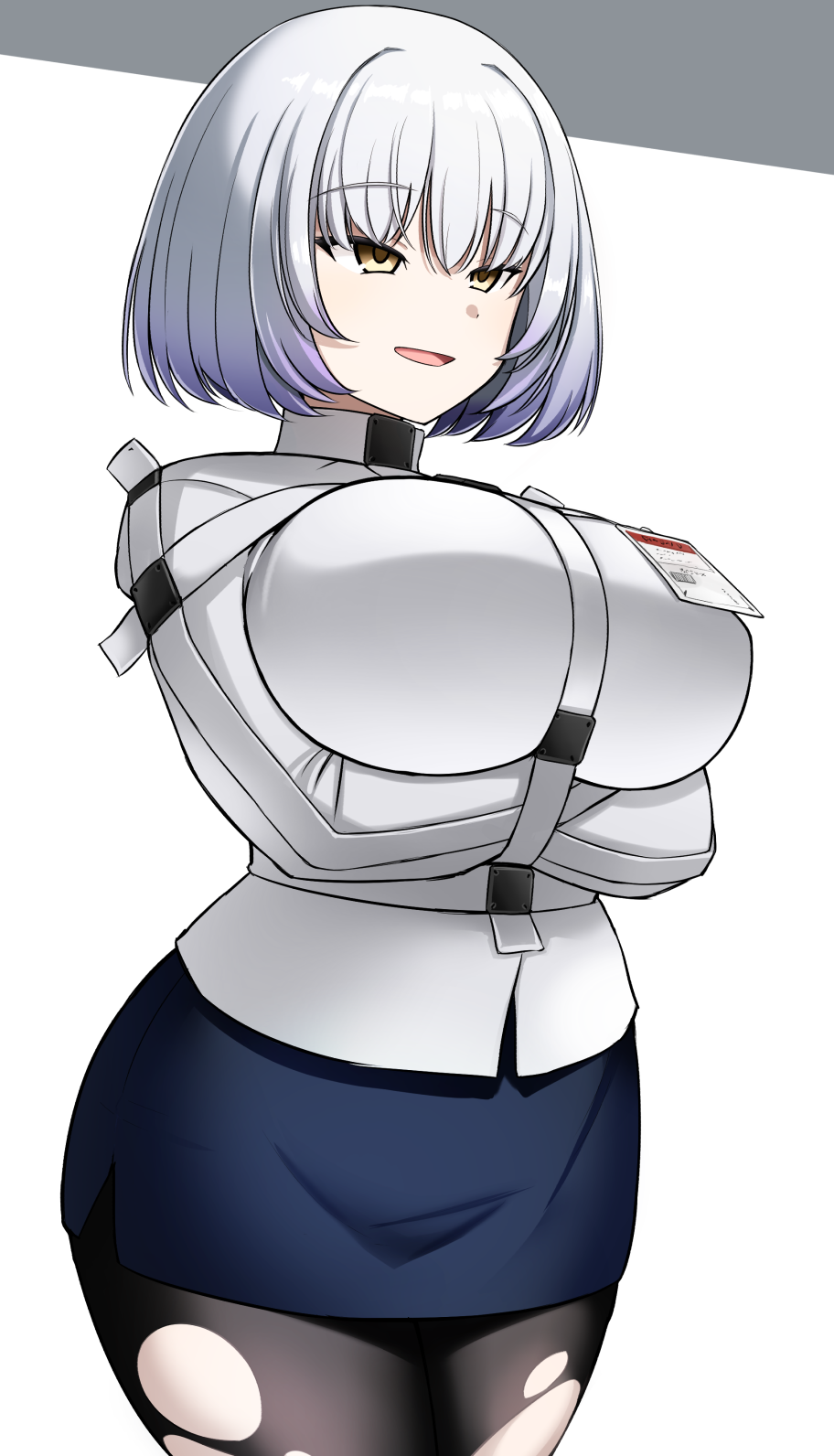1girl, :d, bound, bound_arms, breasts, commentary_request, girls'_frontline, gradient_hair, half-closed_eyes, highres, huge_breasts, id_card, morridow_(boss)_(girls'_frontline), morridow_(girls'_frontline), multicolored_hair, open_mouth, pantyhose, pencil_skirt, purple_hair, rebake, restrained, short_hair, skirt, smile, solo, straitjacket, torn_clothes, torn_pantyhose, two-tone_hair, white_hair, yellow_eyes