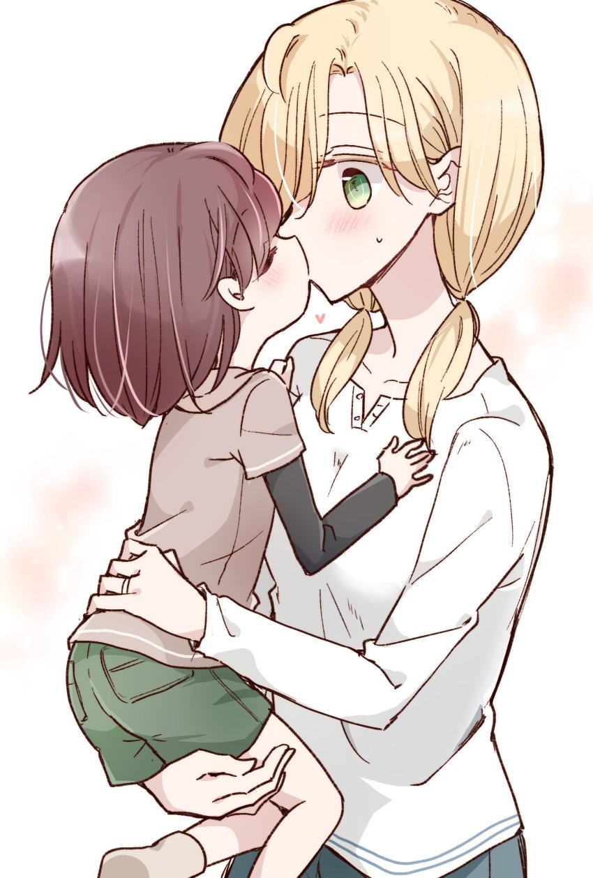 1_x_1/2, 2girls, age_difference, aged_down, blonde_hair, blush, carrying, closed_eyes, commentary_request, green_eyes, green_shorts, heart, highres, incest, kiss, loli, long_sleeves, looking_at_another, morii_asuka, morii_ayako, mother_and_child, mother_and_daughter, multiple_girls, nakamura_taiyaki, official_art, onee-loli, parent_and_child, red_hair, short_hair, short_twintails, shorts, twintails, yuri