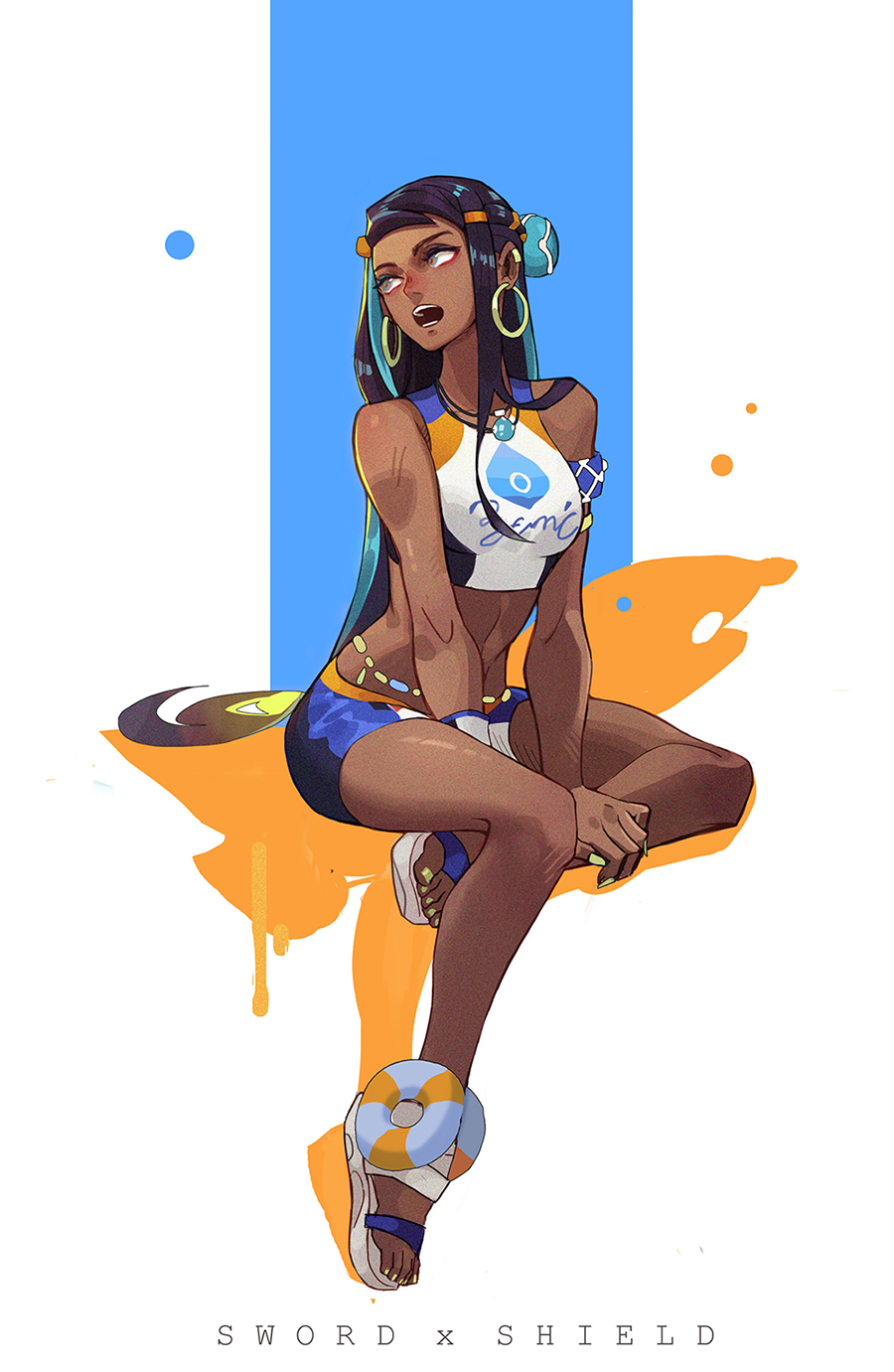 1girl, armlet, belly_chain, bike_shorts, black_hair, blue_hair, breasts, commentary, copyright_name, dark-skinned_female, dark_skin, dynamax_band, earclip, earrings, female_focus, full_body, hair_bun, highres, hoop_earrings, jewelry, long_hair, looking_back, midriff, multicolored_hair, nail_polish, necklace, nessa_(pokemon), nintendo, open_mouth, pokemon, pokemon_sword_and_shield, sandals, single_hair_bun, sitting, solo, tazoo_(yuicc930), teeth, toenail_polish, toenails, two-tone_hair, white_sandals, yellow_nails
