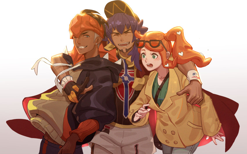 1girl, 2boys, :d, arm_around_shoulder, bag, baseball_cap, black_hoodie, blush