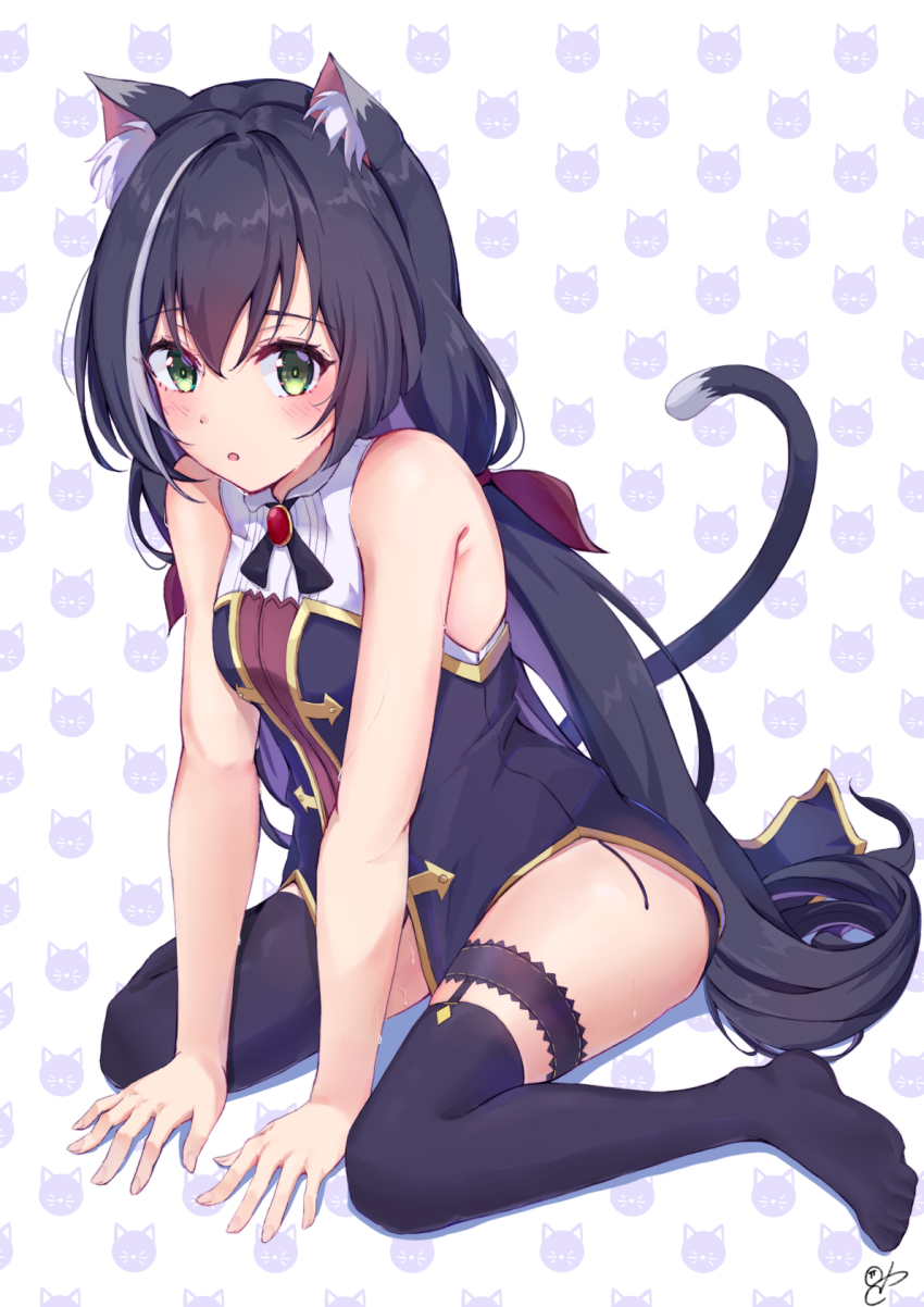 1girl, 310setsu, animal_ear_fluff, animal_ears, bare_shoulders, between_legs, black_hair, black_panties