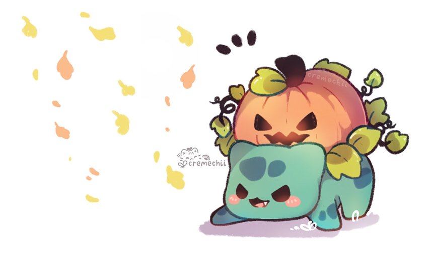 blush_stickers, brown_eyes, bulbasaur, commentary, cremechii, falling_leaves, fang, gen_1_pokemon