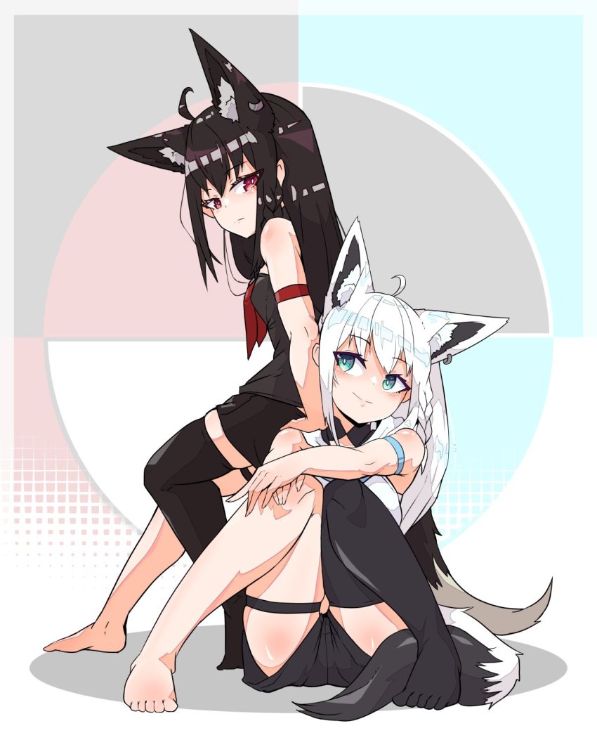2girls, ahoge, aikohgin, animal_ear_fluff, animal_ears, arm_strap, black_hair, black_hoodie