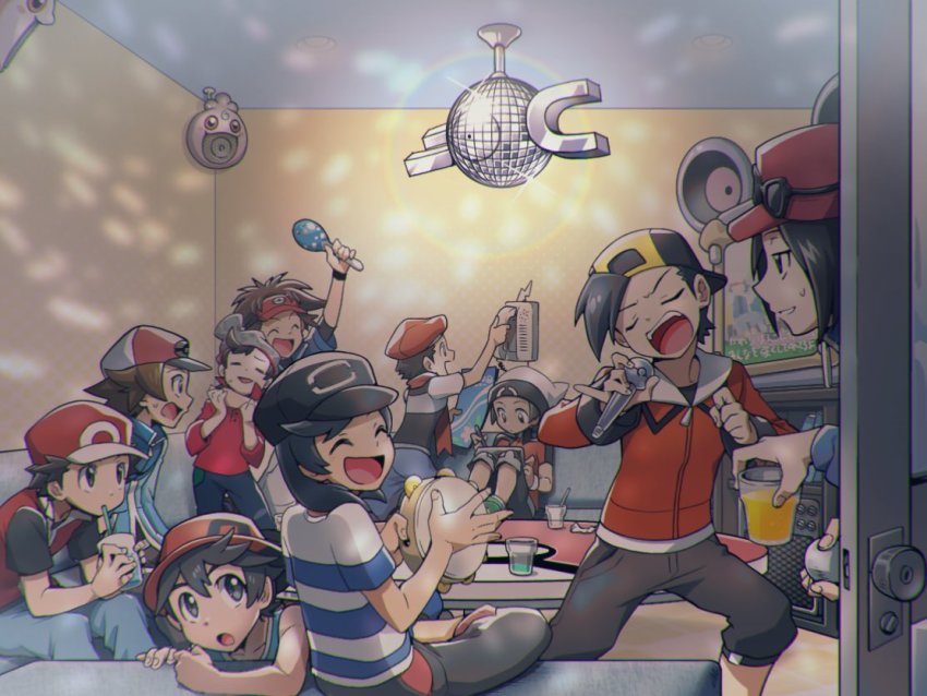 6+boys, :d, arm_up, backwards_hat, baseball_cap, beanie, black_hair, black_headwear, blue_jacket, brendan_(pokemon), brown_hair, calem_(pokemon), closed_eyes, commentary_request, couch, cup, disco_ball, door, drinking, drinking_straw, elio_(pokemon), ethan_(pokemon), eyewear_on_headwear, gen_1_pokemon, gen_2_pokemon, glass, green_footwear, grey_headwear, half-closed_eyes, hat, hilbert_(pokemon), holding, holding_cup, holding_instrument, holding_microphone, igglybuff, indoors, instrument, jacket, karaoke, liquid, long_sleeves, lucas_(pokemon), magnemite, maracas, microphone, multiple_boys, music, nagi_(exsit00), nate_(pokemon), nintendo, open_mouth, pants, parted_lips, phone, playing_instrument, pokemon, pokemon_(creature), pokemon_black_and_white, pokemon_black_2_and_white_2, pokemon_diamond/pearl/platinum, pokemon_firered_and_leafgreen, pokemon_heartgold_and_soulsilver, pokemon_omega_ruby_and_alpha_sapphire, pokemon_sun_and_moon, pokemon_sword_and_shield, pokemon_ultra_sun_and_ultra_moon, pokemon_x_and_y, red_(pokemon), red_headwear, red_jacket, red_shirt, shirt, shoes, short_sleeves, singing, sitting, smile, striped_clothes, striped_shirt, sweatdrop, t-shirt, table, tambourine, teeth, television, themed_object, tongue, upper_teeth_only, victor_(pokemon), visor_cap, walk-in, wristband