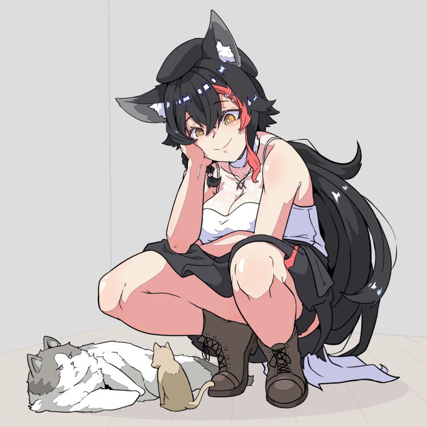 1girl, aikohgin, animal_ear_fluff, animal_ears, beret, black_hair, black_hat, boots