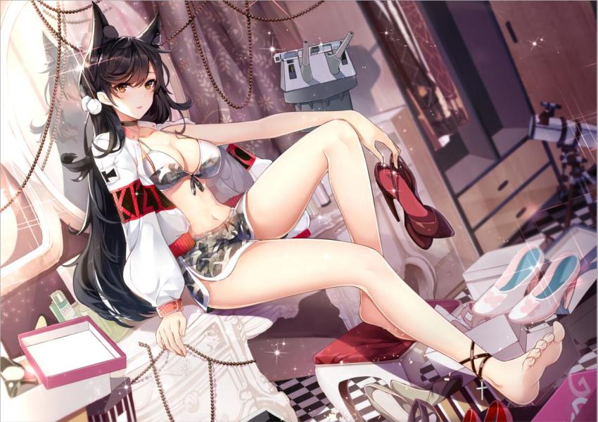 1girl, animal_ears, atago_(azur_lane), azur_lane, bikini, bikini_top_only, black_hair, choker