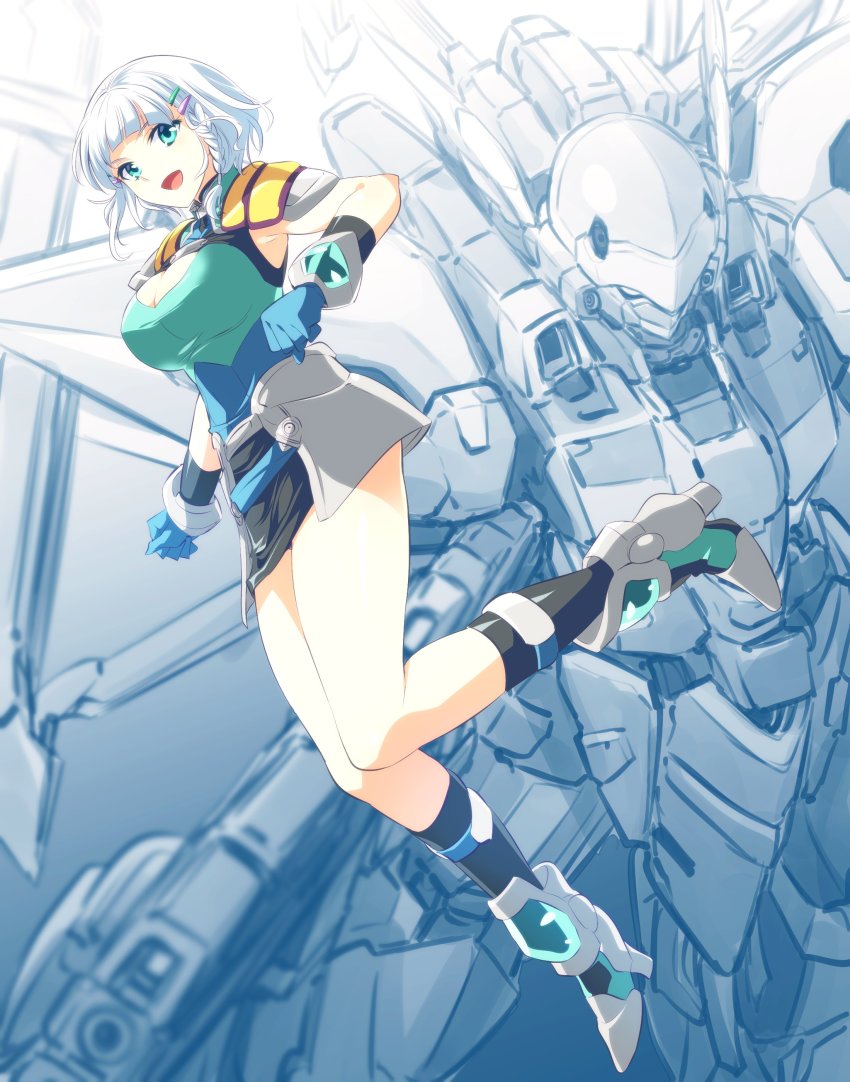 1girl, :d, absurdres, aqua_eyes, black_skirt, blue_gloves, braid, breasts, clenched_hands, gloves, hair_ornament, hairclip, highres, kato_takuji, large_breasts, looking_at_viewer, mecha, open_mouth, robot, science_fiction, seolla_schweizer, short_hair, silver_hair, skirt, smile, solo, super_robot_wars, super_robot_wars_original_generation, wildfalken