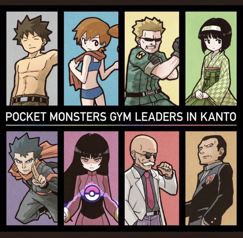 3girls, 5boys, asymmetrical_hair, bald, black_hair, blaine_(pokemon), blonde_hair, brock_(pokemon), brown_hair, charizard, enola_(ebanataw), erika_(pokemon), gen_1_pokemon, giovanni_(pokemon), gym_leader, hat, headwear_request, koga_(pokemon), long_hair, misty_(pokemon), multiple_boys, multiple_girls, muscular, nintendo, pokemon, pokemon_(creature), pokemon_firered_and_leafgreen, pokemon_red/green/blue/yellow, ponytail, purple_hair, sabrina_(pokemon), shirt, short_hair, side_ponytail, smile, lt._surge