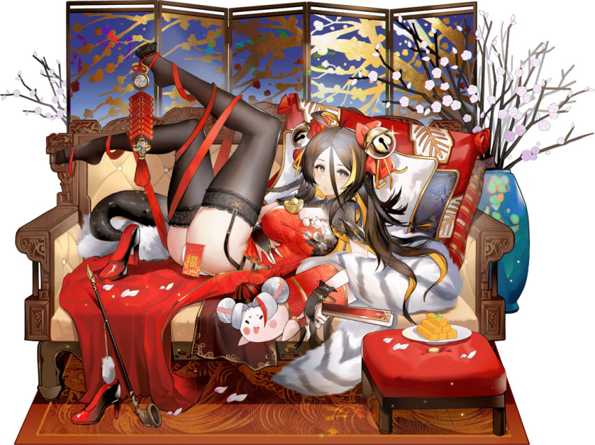 1girl, antenna_hair, ark_order, ass, bell, black_gloves, black_hair, black_shoes