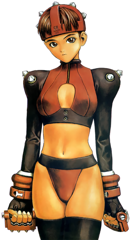1990s_(style), 1girl, atlus, black_thighhighs, brown_eyes, brown_hair, cowboy_shot, expressionless, fingerless_gloves, gloves, gouketsuji_ichizoku, hananokouji_kurara, helmet, juliet_sleeves, long_sleeves, looking_at_viewer, murata_range, navel, official_art, puffy_sleeves, retro_artstyle, sega, short_hair, simple_background, solo, spiked_knuckles, super_kurara, thighhighs, white_background