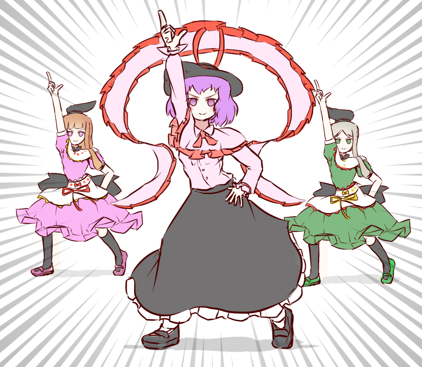 3girls, black_skirt, black_socks, brown_hair, capelet, dress, emphasis_lines, frilled_capelet