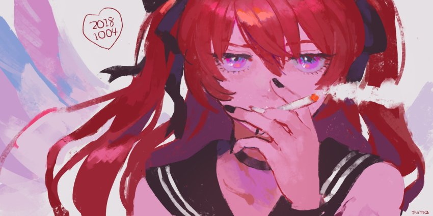 1girl, akaneko_(redakanekocat), black_choker, black_nails, choker, cigarette, dated, eyebrows_hidden_by_hair