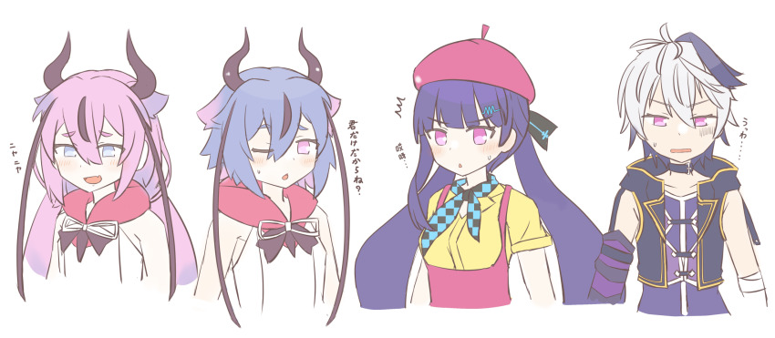 2girls, 2others, androgynous, arm_warmers, bandaged_arm, bandages, belt_collar, beret