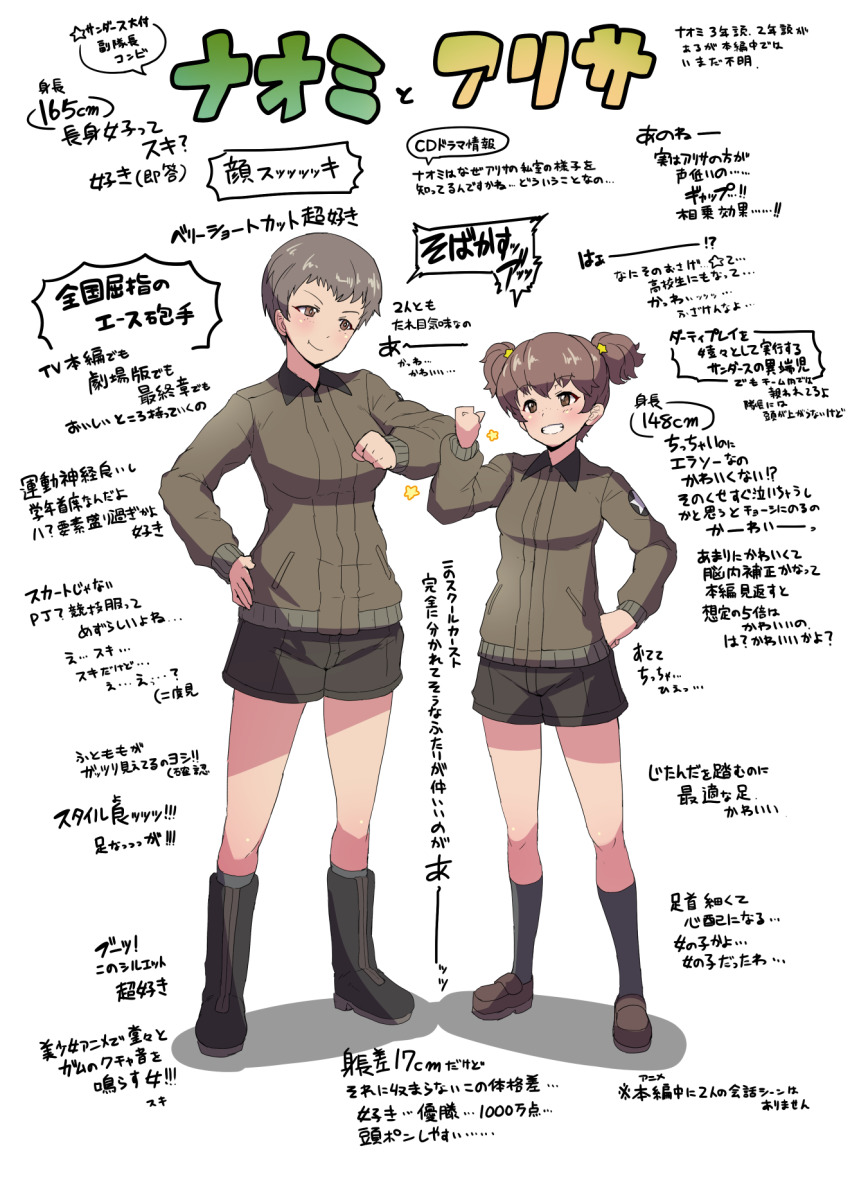 2girls, alisa_(girls_und_panzer), arm_bump, black_footwear, black_shorts, boots, brown_eyes, brown_hair, brown_jacket, character_name, closed_mouth, commentary, emblem, freckles, girls_und_panzer, grey_legwear, grin, hair_ornament, hand_on_own_hip, highres, jacket, kneehighs, loafers, long_sleeves, looking_at_another, military, military_uniform, multiple_girls, naomi_(girls_und_panzer), partially_translated, sasaki_tatsuya, saunders_military_uniform, shoes, short_hair, short_shorts, short_twintails, shorts, simple_background, smile, socks, standing, star_(symbol), star_hair_ornament, translation_request, twintails, very_short_hair, white_background