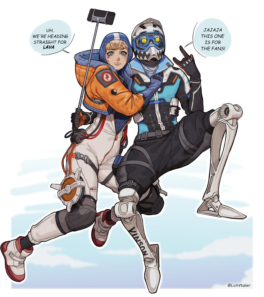 1boy, 1girl, absurdres, apex_legends, arm_around_another's_waist, belt, black_gloves, black_shorts, blonde_hair, blue_bodysuit, blue_eyes, blue_headwear, bodysuit, bsapricot, cable, cellphone, english_text, facial_scar, falling, gloves, goggles, grey_belt, helmet, highres, jacket, knee_pads, m/, mechanical_legs, motorcycle_helmet, octane_(apex_legends), orange_jacket, parted_lips, phone, ribbed_bodysuit, scar, scar_on_cheek, scar_on_face, selfie_stick, shorts, smartphone, speech_bubble, the_victory_lap_octane, wattson_(apex_legends), white_bodysuit, white_footwear, worried