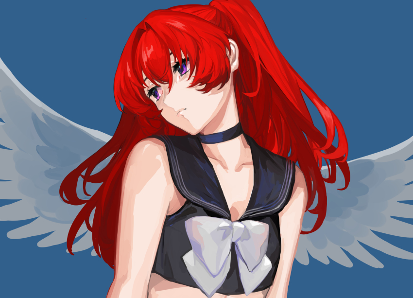 1girl, angel_wings, aoijigoku, blue_background, collarbone, expressionless, hair_behind_ear, head_tilt