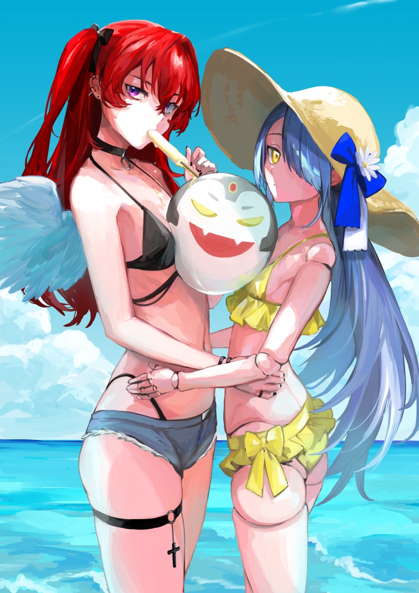 2girls, absurdres, akkun_daimaou, android, aoijigoku, ball, beachball, bikini, black_bikini, black_choker, blue_hair, choker, flat_chest, food, hair_over_one_eye, hand_on_another's_waist, hat, highres, in_mouth, indie_virtual_youtuber, joints, kurumi_(zettai_tenshi_kurumi-chan), long_hair, multiple_girls, neets_channel, one_eye_covered, popsicle, purple_eyes, red_hair, robot_joints, straw_hat, swimsuit, thigh_strap, virtual_youtuber, vt-212, yellow_bikini, yellow_eyes