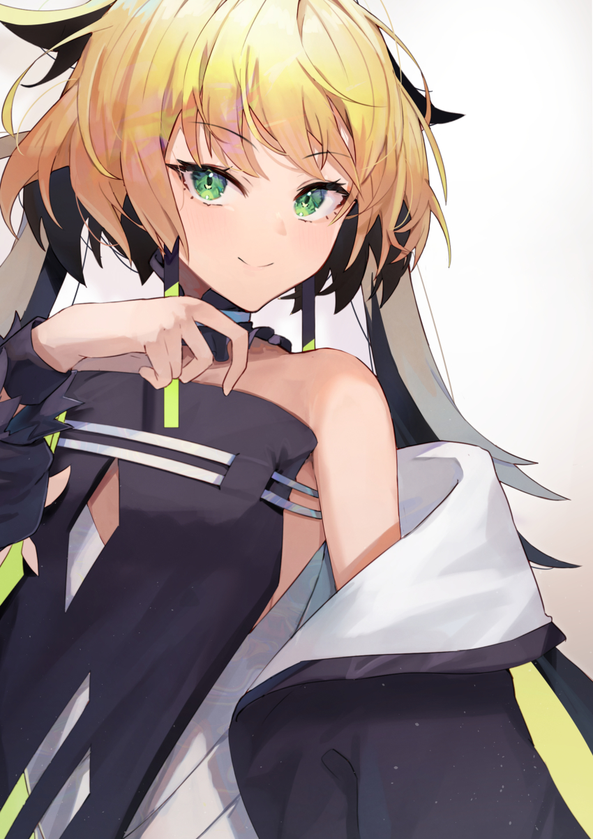 1girl, absurdres, bare_shoulders, black_dress, black_jacket, blonde_hair, closed_mouth, commentary_request