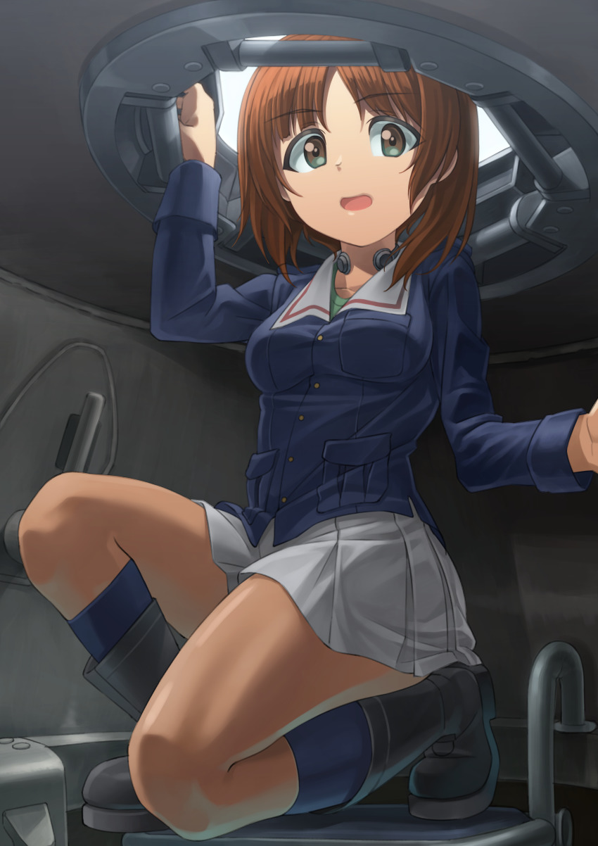 1girl, absurdres, black_boots, blue_jacket, blue_socks, boots, brown_eyes, brown_hair