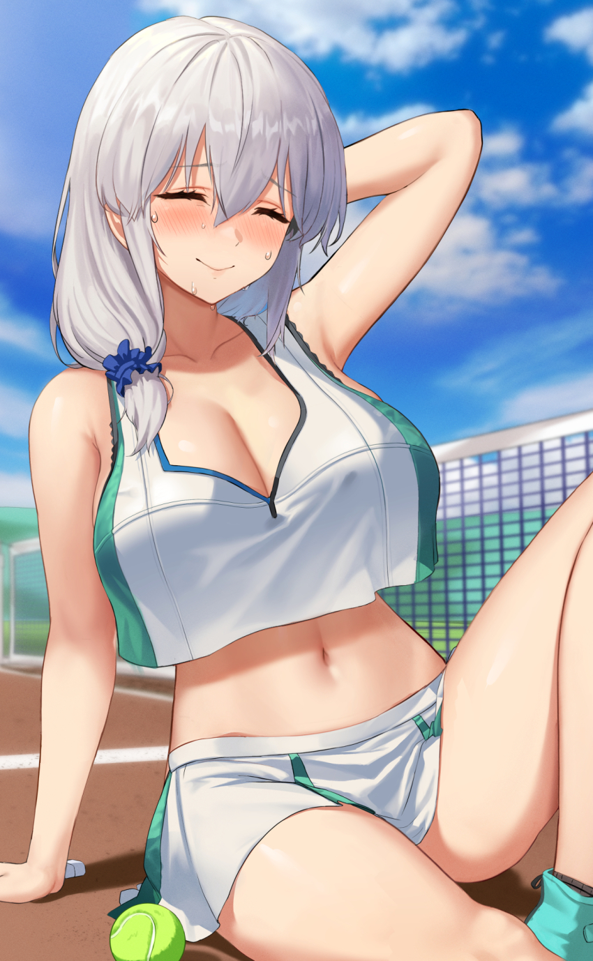1girl, arm_behind_head, arm_support, azur_lane, ball, blue_scrunchie, blue_sky, breasts, bremerton_(azur_lane), bremerton_(azur_lane)_(cosplay), bremerton_(scorching-hot_training)_(azur_lane), cleavage, closed_eyes, closed_mouth, cloud, collarbone, commentary, cosplay, day, green_skirt, hair_between_eyes, hair_ornament, hair_scrunchie, highres, k.pumpkin, large_breasts, mature_female, medium_hair, midriff, navel, outdoors, scrunchie, skirt, sky, smile, solo, sportswear, untranslatable_commentary, tennis_ball, tennis_net, tennis_uniform, thighs, two-tone_skirt, uzaki-chan_wa_asobitai!, uzaki_tsuki, white_skirt