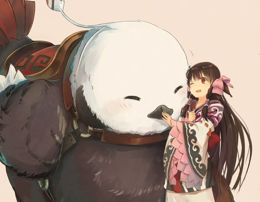 1girl, ainu_clothes, animal, animal_ears, aquaplus, bird, blush, braid, brown_hair, closed_eyes, cocopo_(utawarerumono:_itsuwari_no_kamen), dress, hair_between_eyes, hair_ribbon, long_hair, long_sleeves, looking_at_another, marimoman, one_eye_closed, raised_eyebrows, red_eyes, ribbon, rulutieh, sidelocks, tail, utawarerumono, utawarerumono:_itsuwari_no_kamen, very_long_hair