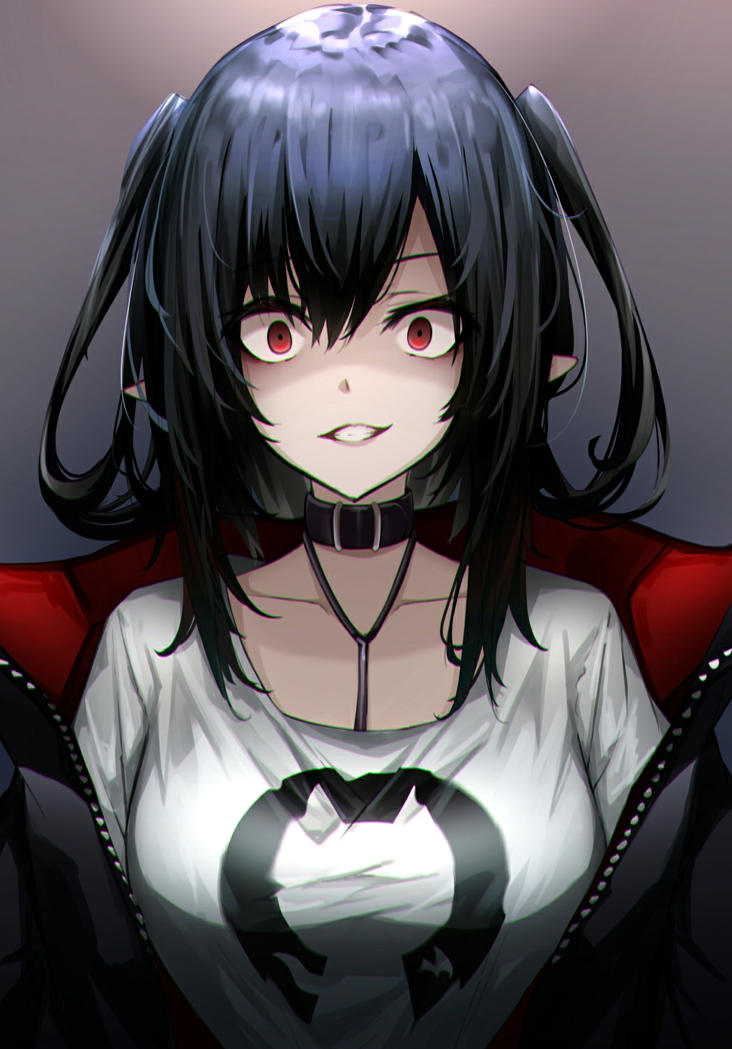 1girl, arknights, black_coat, black_hair, blouse, breasts, closure_(arknights), coat, collar, commentary_request, empty_eyes, female_focus, gradient_background, grey_background, grin, highres, kureneko, large_breasts, long_hair, looking_at_viewer, open_clothes, open_coat, pointy_ears, red_eyes, sanpaku, shaded_face, shirt, smile, solo, teeth, two_side_up, unzipped, white_shirt, yandere