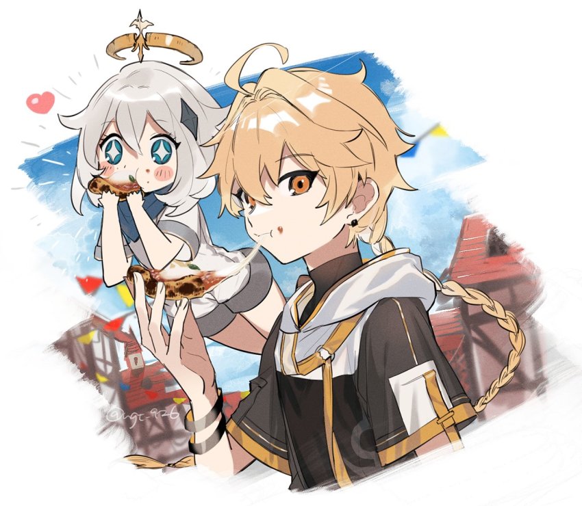 +_+, 1boy, 1girl, aether_(genshin_impact), aether_(guilin)_(genshin_impact), alternate_costume, blonde_hair, blue_eyes