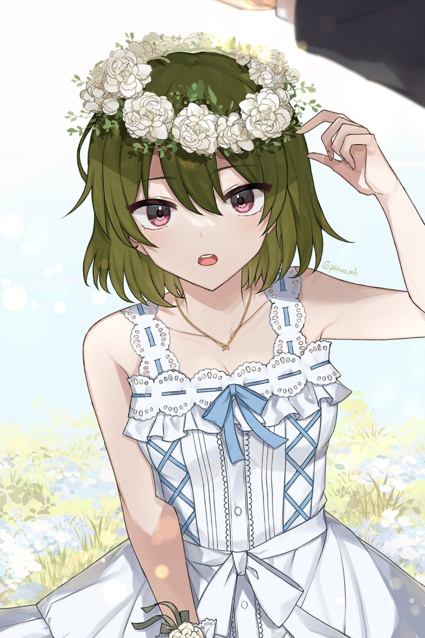 1boy, 1girl, :o, bare_shoulders, blurry, blush, breasts, cleavage, collarbone, cowboy_shot, depth_of_field, dress, field, flower, green_hair, head_wreath, highres, idolmaster, idolmaster_million_live!, idolmaster_million_live!_theater_days, jewelry, looking_at_viewer, nagayoshi_subaru, necklace, paruo_orh, pov, pov_hands, producer_(idolmaster), pure_onepiece_(idolmaster), round_teeth, short_hair, sleeveless, sleeveless_dress, small_breasts, solo_focus, teeth