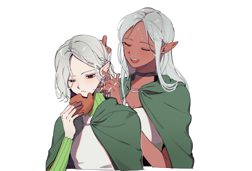 1boy, 1girl, :d, black_choker, black_eyes, blouse, blush, braid, braiding_hair, breasts, cape, choker, cithis, cleavage, closed_mouth, dark-skinned_female, dark_skin, dungeon_meshi, eating, elf, closed_eyes, facial_mark, forehead_mark, green_cape, grey_hair, hairdressing, height_difference, highres, holding, jewelry, long_hair, mithrun, multiple_rings, notched_ear, open_mouth, pointy_ears, ring, shirt, simple_background, smile, white_background, white_shirt, yp_(pypy_5_)