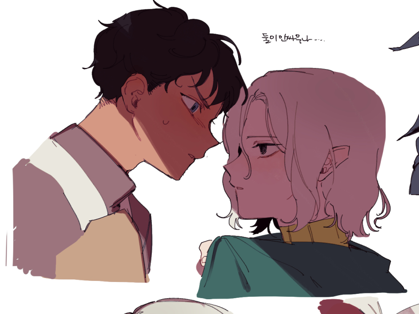 2boys, androgynous, black_eyes, black_hair, blue_eyes, dungeon_meshi, elf, eye_contact