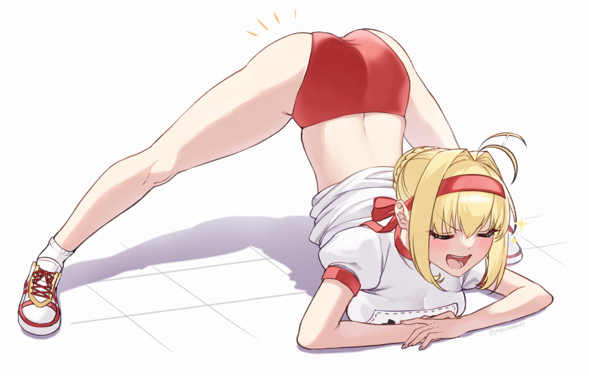 1girl, ahoge, arm_rest, ass, blonde_hair, blush, braid, breasts