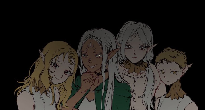 1boy, 3girls, androgynous, bad_id, bad_twitter_id, black_background, black_choker, black_eyes, blonde_hair, choker, cithis, closed_mouth, dark-skinned_female, dark_skin, detached_collar, dungeon_meshi, elf, fleki, grey_hair, grin, looking_at_viewer, low_twintails, lycion, multiple_girls, notched_ear, otta_(dungeon_meshi), parted_lips, pointy_ears, short_hair, simple_background, smile, twintails, very_short_hair, yp_(pypy_5_)