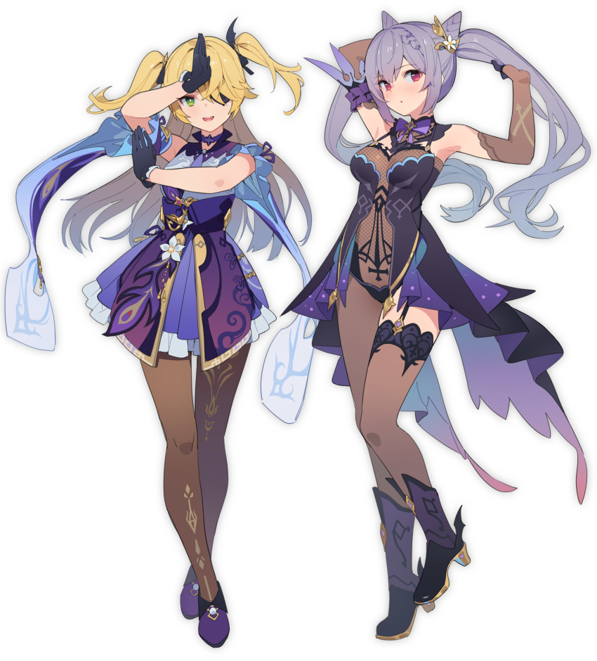2girls, :d, :o, absurdres, armpits, arms_up, black_dress, black_footwear, black_gloves, black_ribbon, blonde_hair, blush, bodystocking, boots, breasts, brown_gloves, brown_legwear, center_opening, cone_hair_bun, cosplay, costume_switch, ddal, detached_sleeves, dress, elbow_gloves, eyepatch, fischl_(genshin_impact), fischl_(genshin_impact)_(cosplay), flower, frilled_dress, frills, full_body, genshin_impact, gloves, green_eyes, hair_bun, hair_flower, hair_ornament, hair_ribbon, hands_in_own_hair, high_heel_boots, high_heels, highres, keqing_(genshin_impact), keqing_(genshin_impact)_(cosplay), knee_boots, layered_dress, long_hair, looking_at_viewer, medium_breasts, multiple_girls, one_eye_covered, open_mouth, pantyhose, pink_eyes, purple_dress, purple_footwear, ribbon, shoes, short_sleeves, simple_background, single_thighhigh, smile, standing, thigh_gap, thighhighs, twintails, two_side_up, white_background, white_flower, wide_sleeves