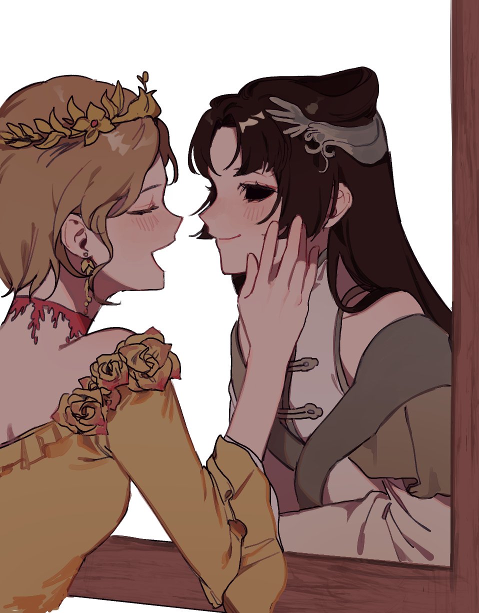 2girls, :d, blonde_hair, blush, brown_hair, character_request, closed_eyes, closed_mouth