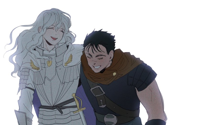 2boys, :d, arm_around_shoulder, armor, bad_id, bad_twitter_id, belt, berserk