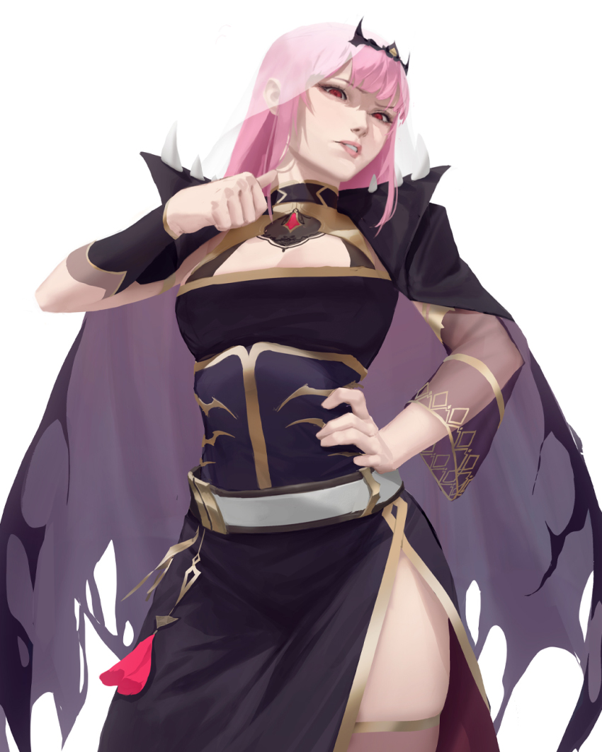 1girl, belt, black_cape, black_dress, breasts, cape, cleavage_cutout, clothing_cutout