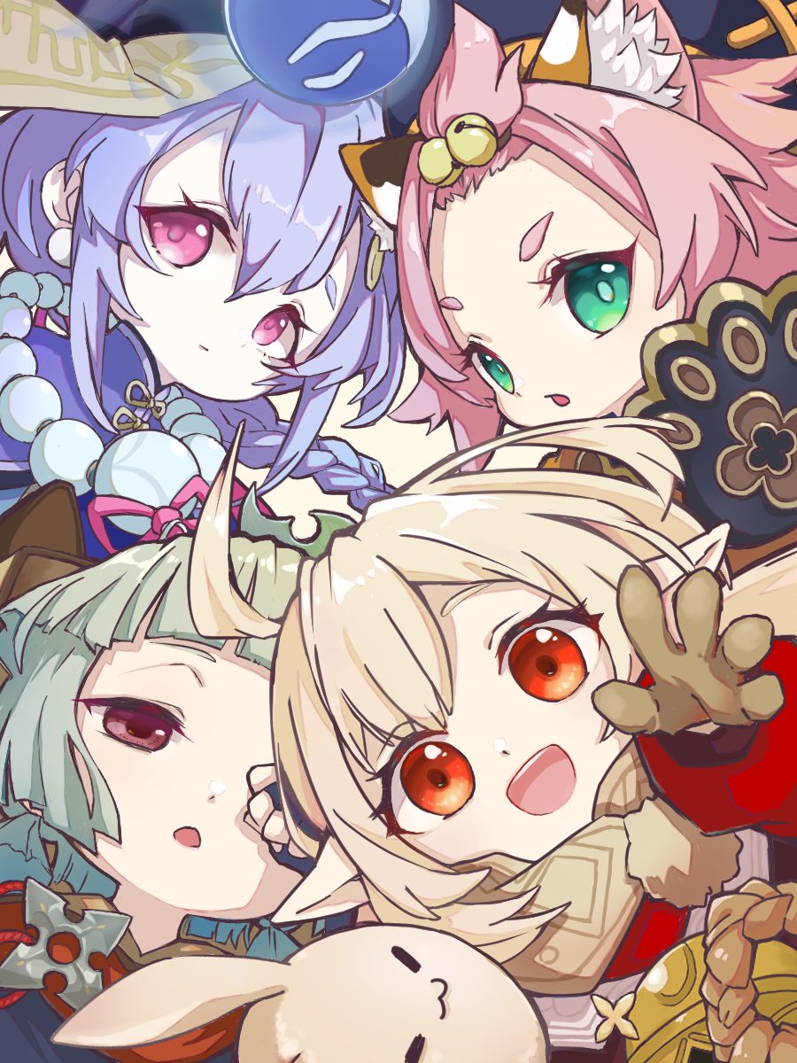 5girls, :d, ahoge, animal_ear_fluff, animal_ears, bag, bangs_pinned_back, bead_necklace, beads, bell, black_gloves, blunt_bangs, braid, braided_ponytail, brown_gloves, brown_hair, brown_scarf, cat_ears, child, chinese_clothes, close-up, coat, commentary_request, diona_(genshin_impact), dodoco_(genshin_impact), earrings, fingerless_gloves, forehead, genshin_impact, gloves, green_eyes, hair_bell, hair_between_eyes, hair_ornament, hair_ribbon, half-closed_eyes, han_osamu, hat, head_tilt, highres, japanese_clothes, jewelry, jiangshi, klee_(genshin_impact), light_brown_hair, long_hair, long_sleeves, looking_at_viewer, low_twintails, multiple_girls, necklace, ofuda, open_mouth, out_of_frame, parted_lips, paw_print, pink_hair, pointy_ears, purple_eyes, purple_hair, qingdai_guanmao, qiqi_(genshin_impact), red_coat, red_eyes, ribbon, rubbing_eyes, sayu_(genshin_impact), scarf, short_hair, shuriken, sidelocks, silver_hair, simple_background, single_braid, smile, thick_eyebrows, twin_braids, twintails, weapon, yaoyao_(genshin_impact)