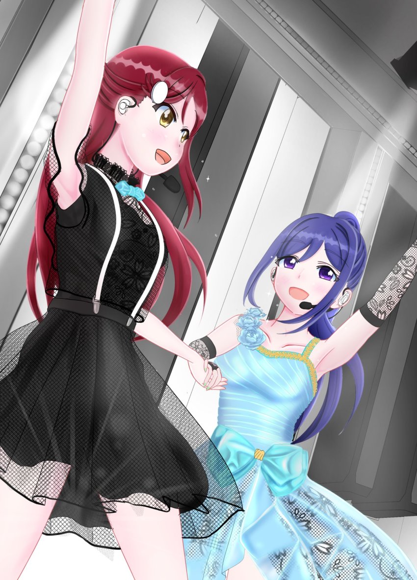 2girls, aqua_bow, aqua_dress, aqua_flower, aqua_nails, aqua_skirt, artist_name, artist_request