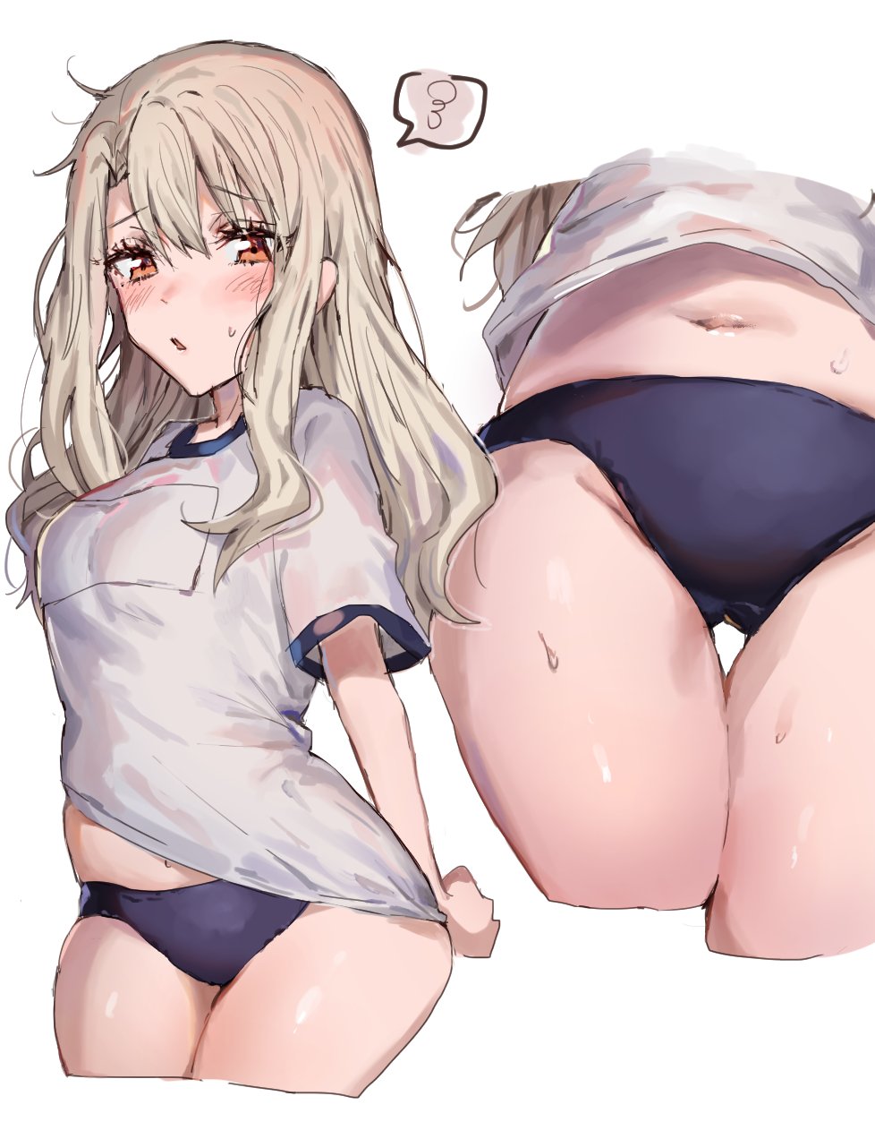 1girl, blush, breasts, cropped_legs, fate/kaleid_liner_prisma_illya, fate_(series), hair_between_eyes, highres, illyasviel_von_einzbern, inusaka, long_hair, looking_at_viewer, multiple_views, navel, red_eyes, sidelocks, small_breasts, sweat, white_hair