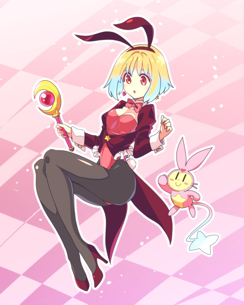 1girl, absurdres, akirara_(ishiyumi), alternate_costume, animal_ears, fake_animal_ears, gradient_hair, highres, kato_takuji, magical_girl, multicolored_hair, orange_eyes, original, pantyhose, pico-tan_(ishiyumi), playboy_bunny, rabbit_ears, short_hair, wand