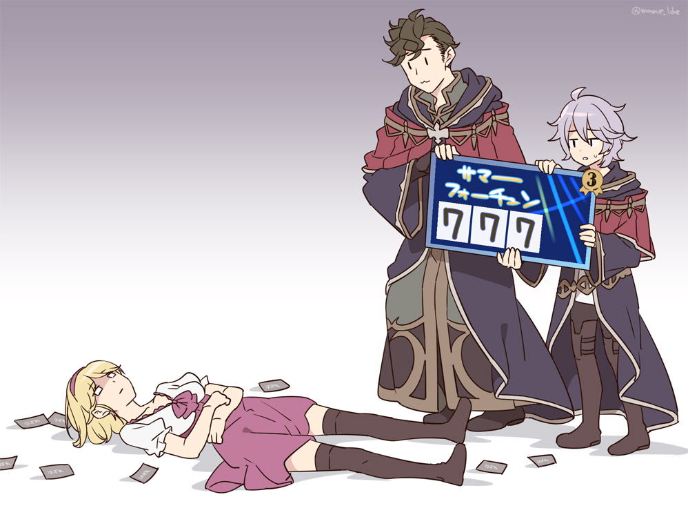 1girl, 2boys, :3, blonde_hair, blouse, bow, breasts, brown_hair