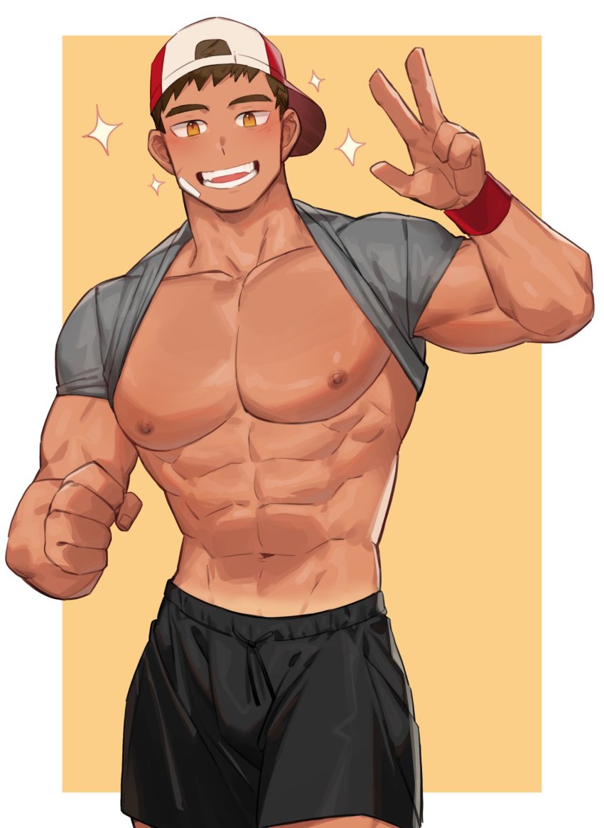 1boy, abs, artist_request, backwards_hat, bad_id, bad_twitter_id, bara, bare_pectorals, baseball_cap, black_shorts, bulge, check_artist, clothes_lift, commission, dark-skinned_male, dark_skin, feet_out_of_frame, grey_shirt, grin, hao_(haozz), hat, highres, korean_commentary, large_pectorals, male_focus, muscular, muscular_male, navel, nipples, original, pectorals, second-party_source, shirt, shirt_behind_neck, shirt_lift, short_hair, shorts, smile, solo, sparkle, stomach, tan, tanline, v